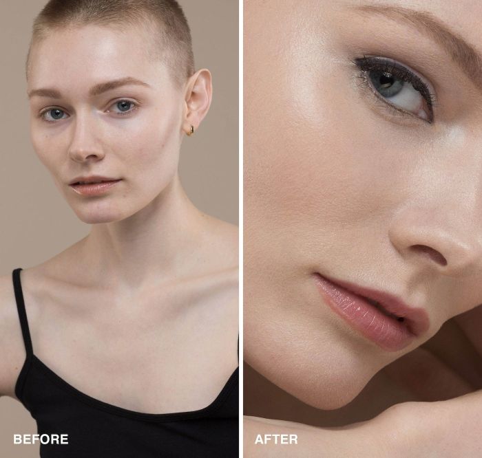 a before-and-after comparison of a model, highlighting the difference with the under-eye corrector