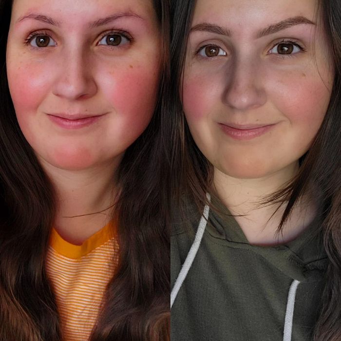 A reviewer showing their brows before and after using the Anastasia Beverly Hills brow definer