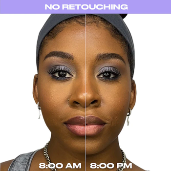A split-face comparison showing a model at 8:00 AM and 8:00 PM, highlighting how this product ensures long-lasting makeup throughout the day.