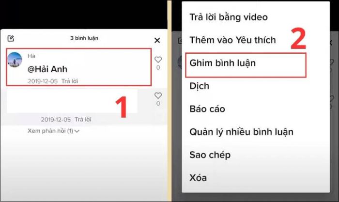 Nhấn giữ vào bình luận cần ghim và chọn tùy chọn Ghim bình luận