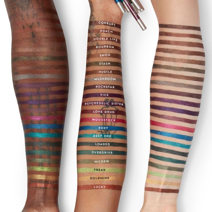 three models’ arms displaying swatches of the eyeliner in various shades
