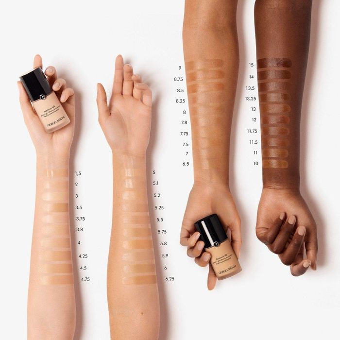 A range of foundation shades displayed on different skin tones.