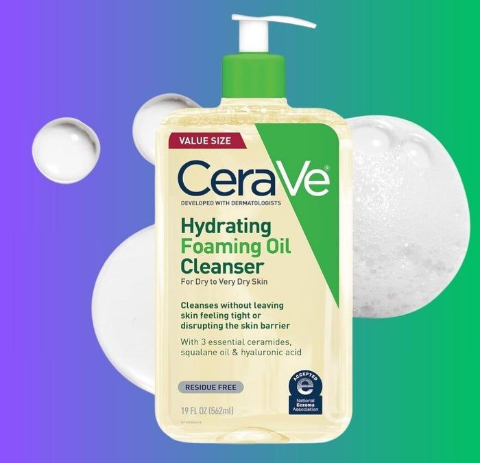 CeraVe Hydrating Foaming Oil Cleanser, designed for dry skin, features essential ceramides, squalane oil, and hyaluronic acid. Shown in a 19 fl oz bottle.