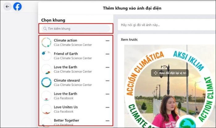Tìm kiếm khung ưa thích bằng thanh Tìm kiếm