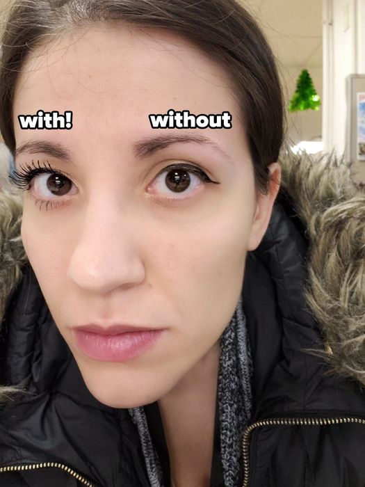 a reviewer showcasing their lashes with and without the mascara