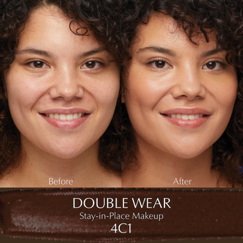 Before and after photos of a model wearing the foundation in shade 4C1