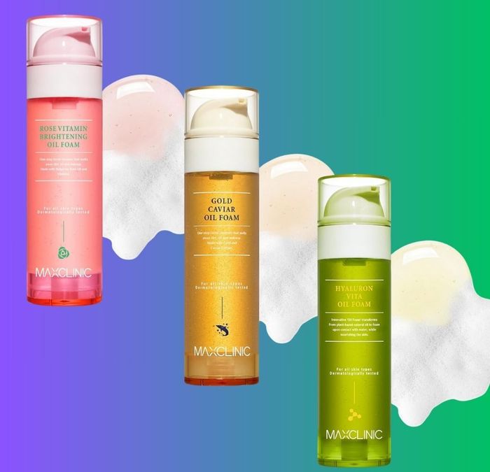 Three MAXCLINIC oil foam variants—Rose Vitamin, Gold Caviar, and Hyaluronic—displayed with their respective product backgrounds and texture swatches