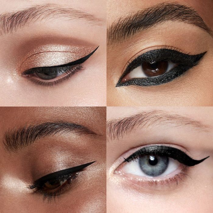 a collage of four models showcasing the eyeliner applied in various styles