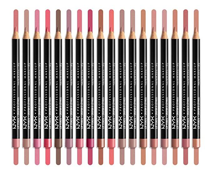 a collection of lip pencils alongside their swatches