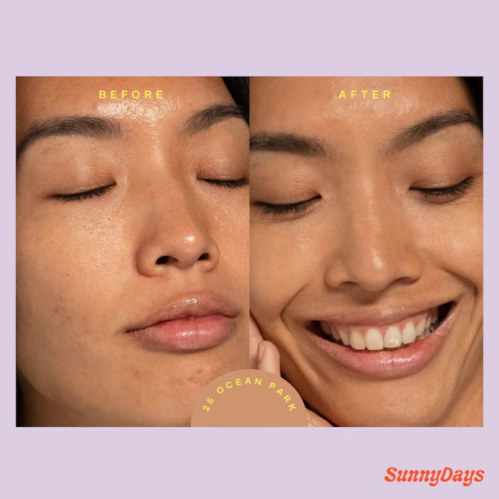 A model showcasing the transformation before and after applying the foundation.