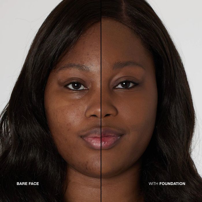 before-and-after photos of a model’s face, first without and then with the foundation applied