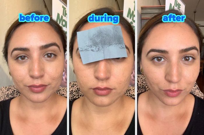 A reviewer shows their face before, during, and after using blotting papers while wearing makeup
