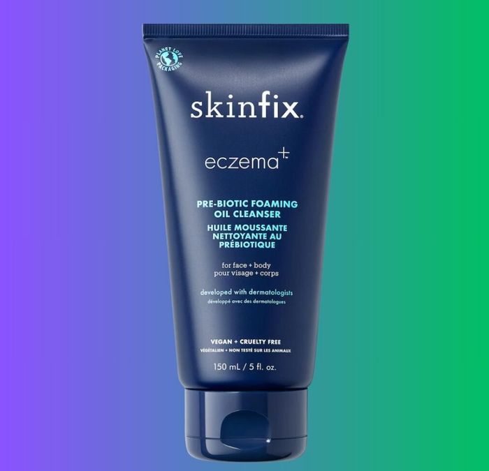 Skinfix Eczema+ Pre-Biotic Foaming Oil Cleanser, a 150 ml vegan and cruelty-free product for face and body, displayed on a gradient background
