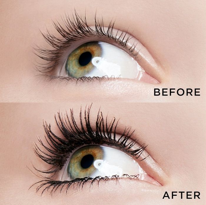 a before-and-after comparison of a model's lashes, showcasing the dramatic effect of the mascara