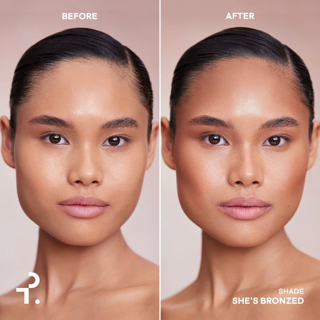 A side-by-side comparison showing a person before and after applying bronzer in a specific shade