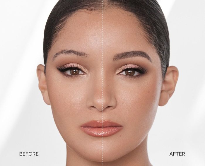 a before-and-after comparison of a model’s eyebrows, showcasing the transformation with the pencil