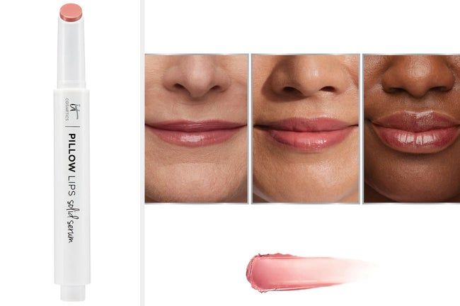 A stick of lip serum beside three models, each wearing the product on their lips.