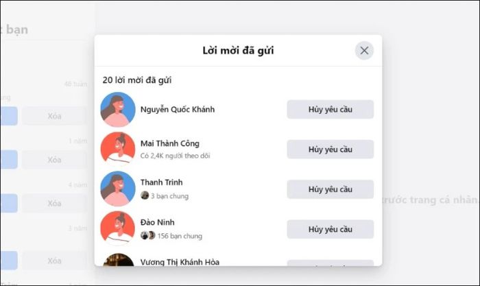 Danh sách đầy đủ các lời mời kết bạn đã gửi trên Facebook sẽ xuất hiện tại đây