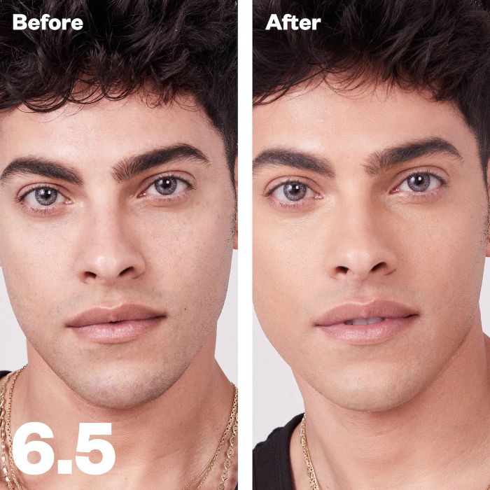 before-and-after photos of a model, first without and then with the concealer applied to their face