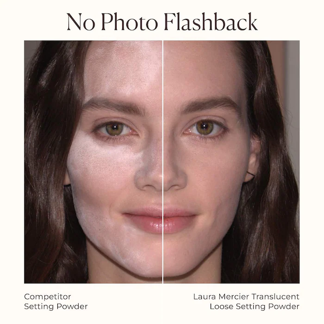 Close-up showing the difference between two setting powders, with Laura Mercier’s product showing no flashback