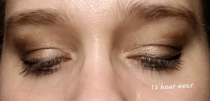 A reviewer showcasing the eyeshadow look after 12 hours of wear.