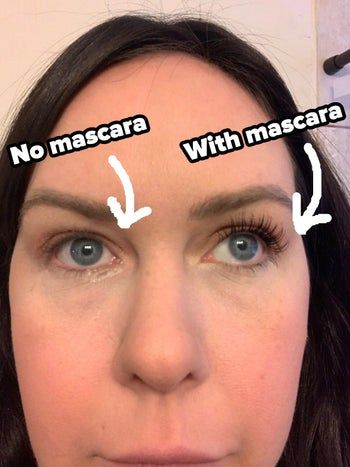 a reviewer photo showing one eye with the mascara applied and the other without