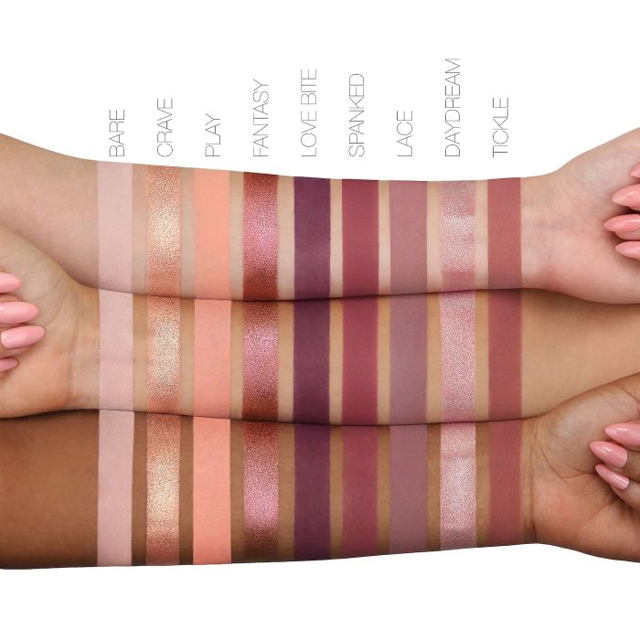 various eyeshadow shades swatched on a model's arms, demonstrating their appearance across different skin tones