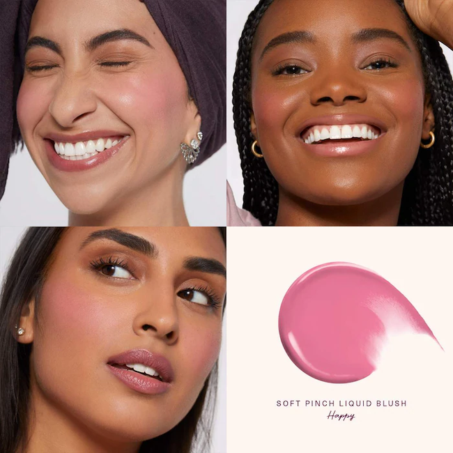 Models showcasing various makeup looks using Rare Beauty's 'Soft Pinch Liquid Blush' in a specific shade