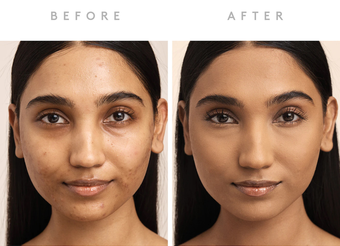before-and-after photos of a model, first without and then with the foundation applied