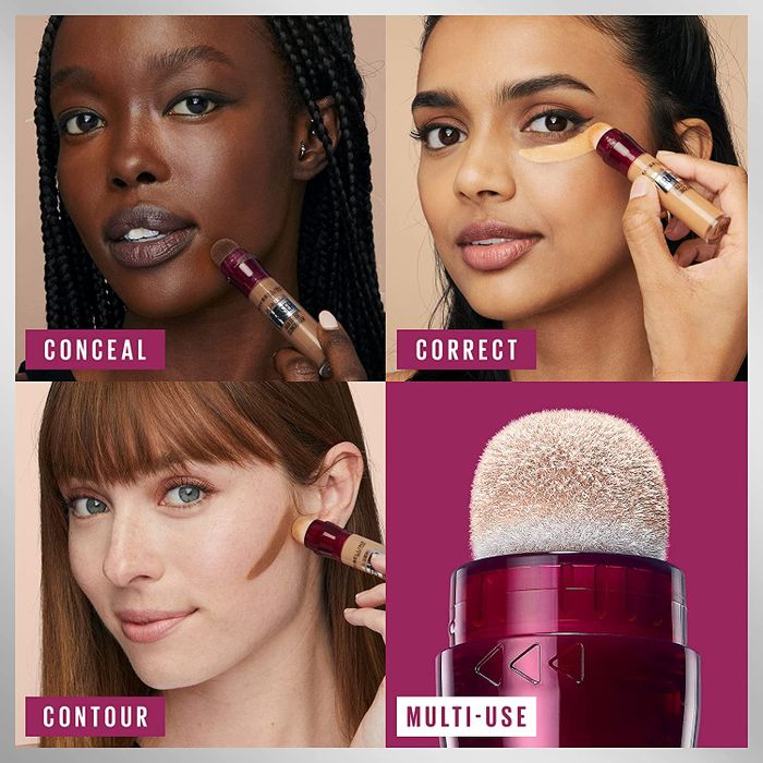 an infographic featuring three models demonstrating the concealer's uses: concealing, correcting, and contouring