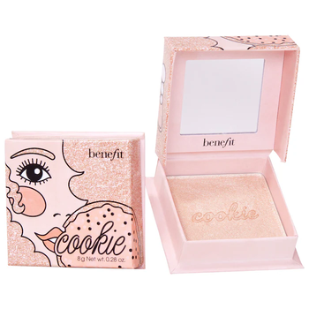 An illustrated pink box showcasing Benefit's Cookie highlighter