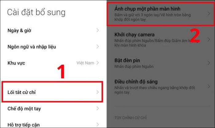 Cài đặt lối tắt cử chỉ để chụp ảnh một phần màn hình.