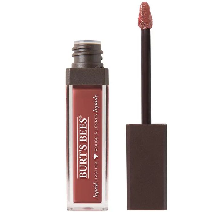 Burt's Bees liquid lipstick with its applicator visible, designed for both lip color and care, shown without any individuals in the image