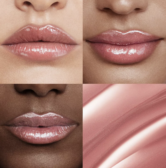 A quad photo showcasing three models' lips, with the product placed beside a close-up shot of its smooth texture.