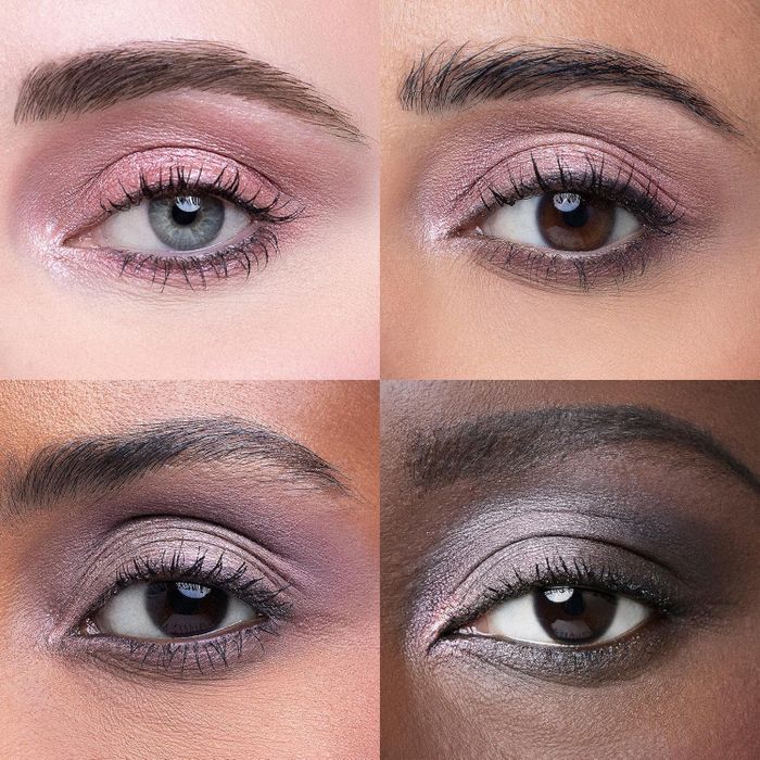 Four close-up shots displaying various eye makeup styles on diverse skin tones