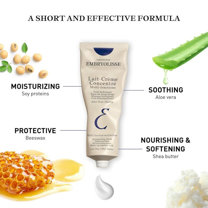 A photo of Embryolisse Lait-Crème Concentré, showcasing its nourishing blend of soy proteins, aloe vera, beeswax, and shea butter