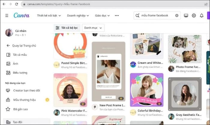 Kết quả tìm kiếm hiển thị hàng trăm mẫu khung