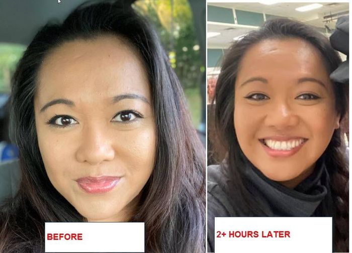 a comparative review showing the reviewer's face with makeup at intervals over 2 hours