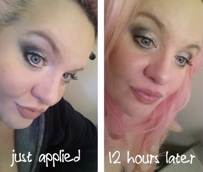 A reviewer’s photo showing freshly applied makeup, followed by the same makeup looking flawless 12 hours later