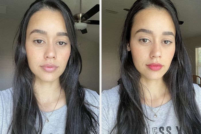 A reviewer's before-and-after image showcasing the application of a red lip tint