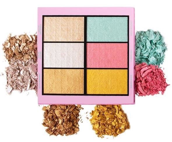 A highlighter palette featuring six vibrant shades