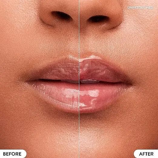 Close-up comparison of lips before and after applying the lip balm.
