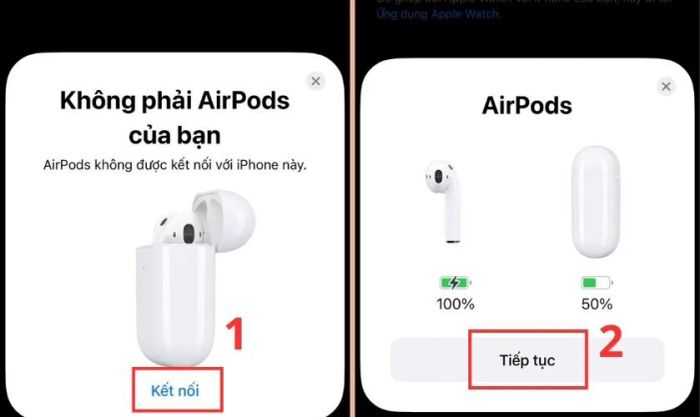 Nhấn giữ nút tròn phía sau hộp sạc và chọn Tiếp tục để hoàn tất