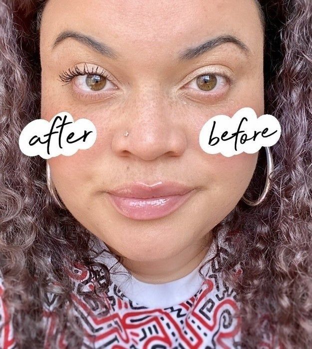 Mytour editor's lashes before and after applying the mascara, showcasing a dramatic transformation with darker, longer lashes