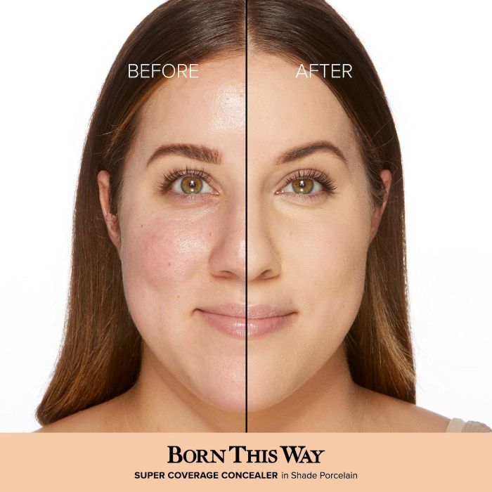 A model showcasing before and after results using the Born This Way concealer—the after side reveals even-toned, smooth, and radiant skin.