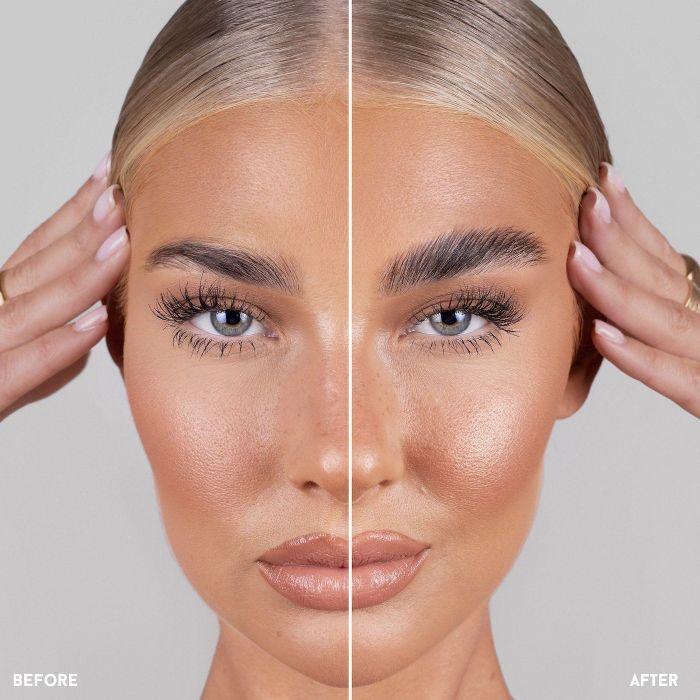 a before-and-after comparison of a model’s eyebrows, highlighting the difference with the gel