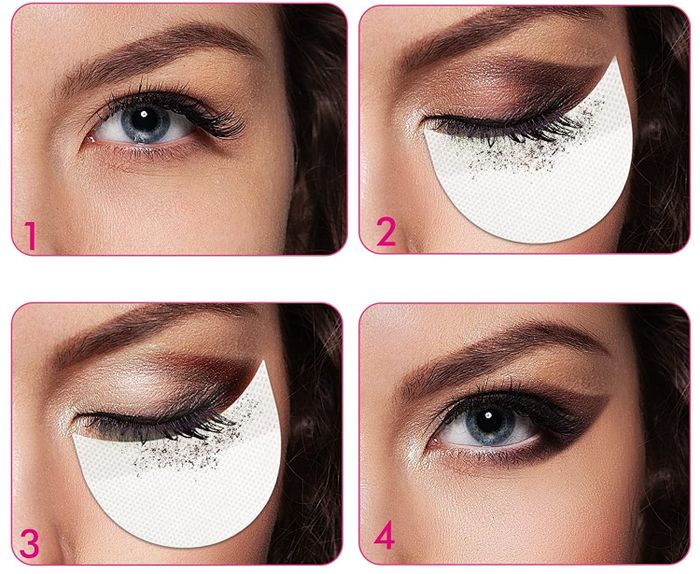 A four-step demonstration of an eyeshadow look created using the shields to catch excess makeup fallout under the eye.