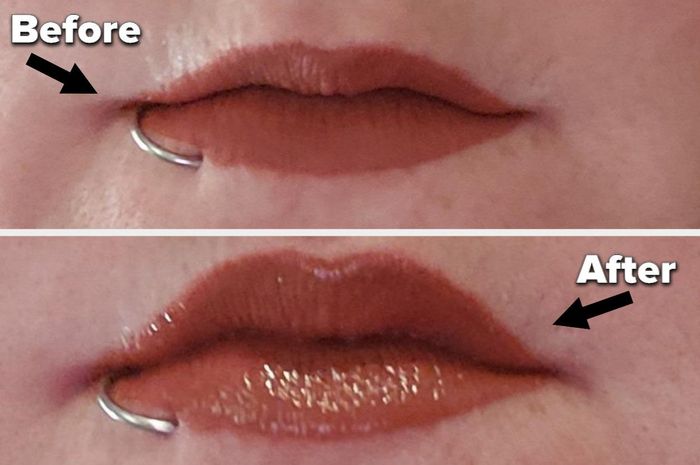 Close-up of the before-and-after transformation of a reviewer using the lip plumping gloss.