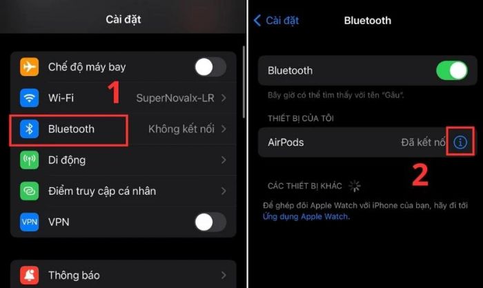 Bạn vào Cài đặt, chọn Bluetooth và nhấn vào biểu tượng chữ i