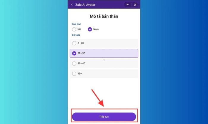 Điền thông tin Giới tính và Độ tuổi trong phần Mô tả bản thân